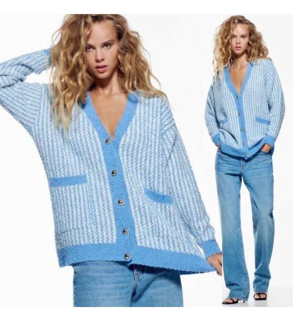 Zara Blue Chunky Oversized Tweed Striped Button Cardigan Sweater Size S